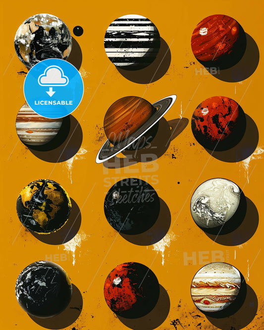 Celestial Symphony: Planets in Monochrome Harmony - A group of planets on a yellow background