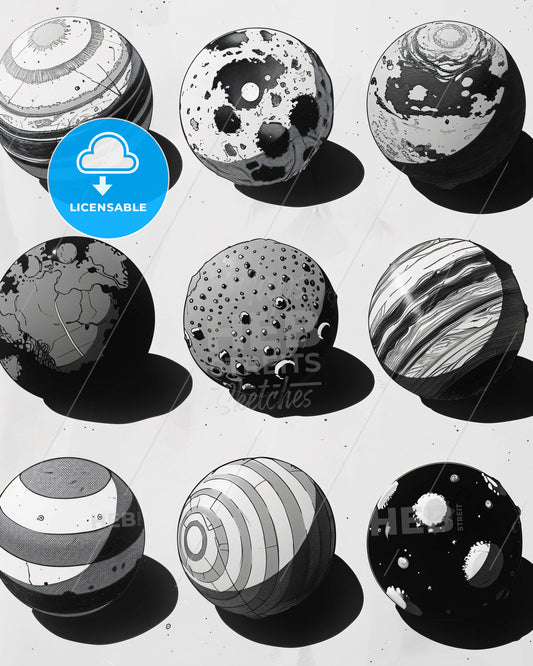 Celestial Cartography in Ink and Paper - A group of planets with different patterns
