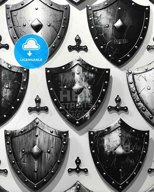 Black And White Shield Line Art Prints - A group of black and silver shields
