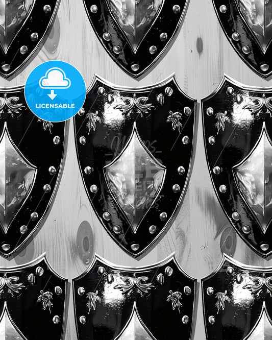 Intricate Shield Icons Collection on Bright Paper - A group of shields on a wood surface