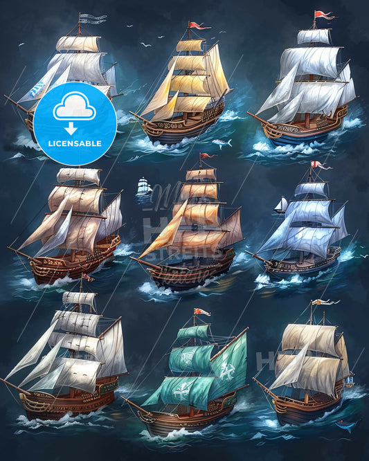 Black and White Sketch Ships Silhouette Icons - A group of ships in the water