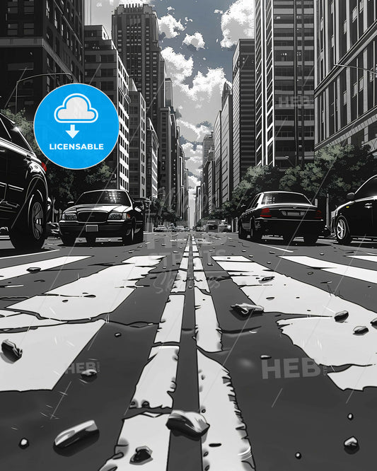 Black & White Street Sketches on Paper - A street with cars and buildings