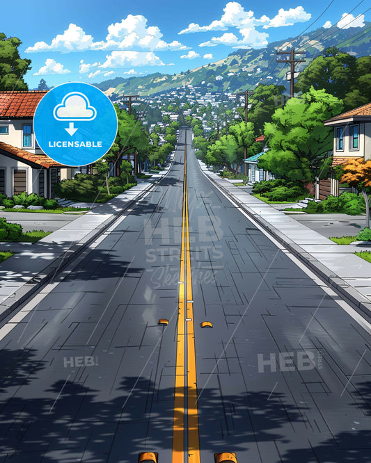 Street Icons Poster: Line Art on Bright Background - A road with houses and trees on the side