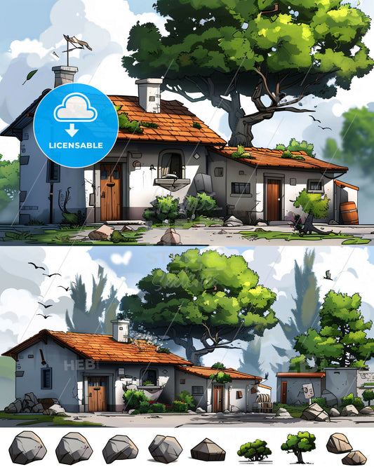 Sketched Street Silhouettes on Brilliant Paper - A house with a tree in the background