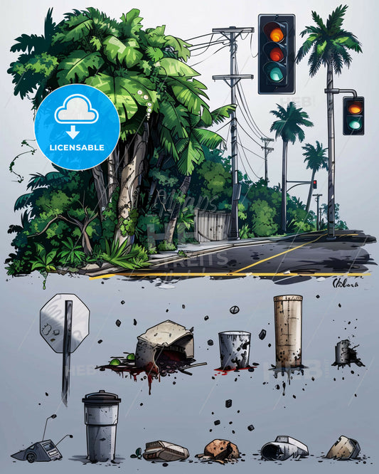 Line Art Metropolis Impressions - A drawing of a street with trees and a traffic light