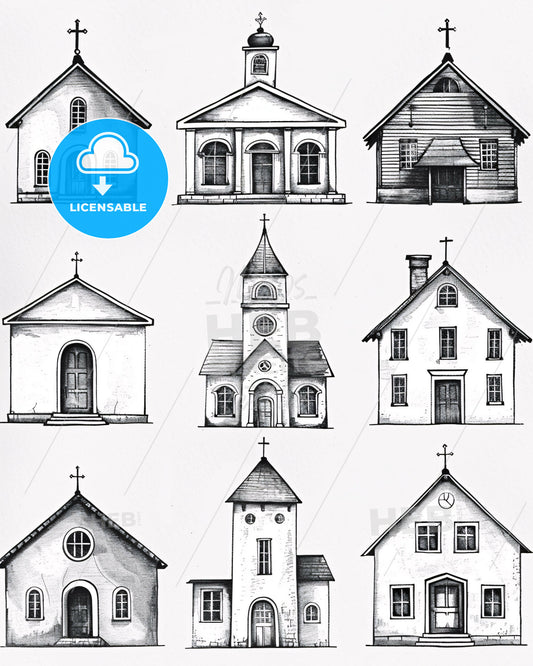 Town Hall Icons: Architectural Variety Inked on Bright - A group of buildings with different angles