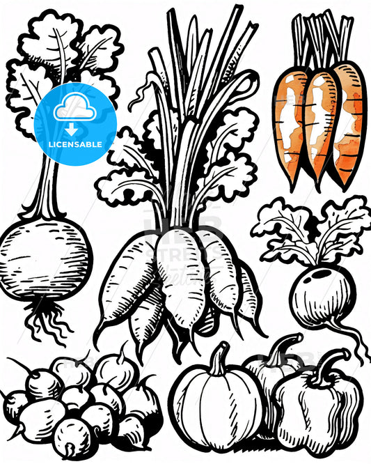 Vegetable Line Art Collection on Vibrant Paper - A group of vegetables drawn in black and white