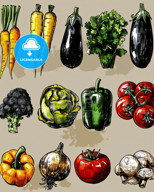 Black and White Vegetable Sketch Art Bright Background - A group of vegetables on a white background