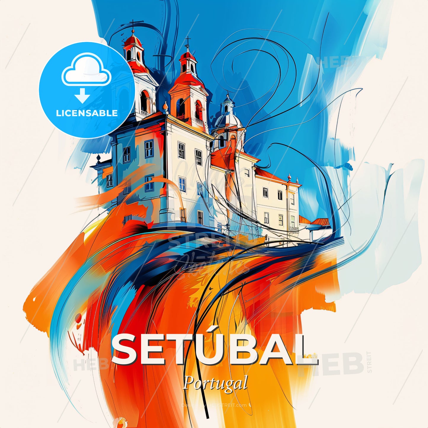 Vibrant Setúbal, Portugal - A Painting Of A Building With Colorful Paint - Square format print template