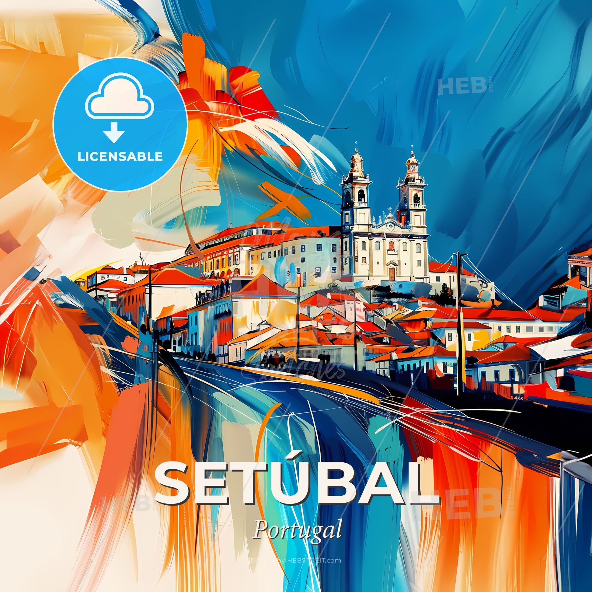 Vibrant Setúbal, Portugal - A Painting Of A Town With A Church - Square format print template