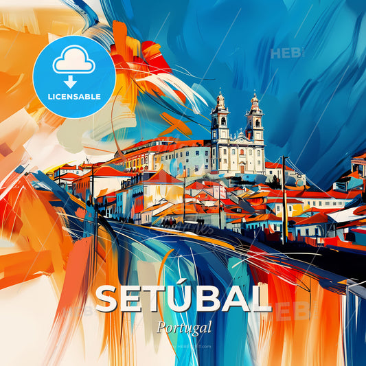 Vibrant Setúbal, Portugal - A Painting Of A Town With A Church - Square format print template