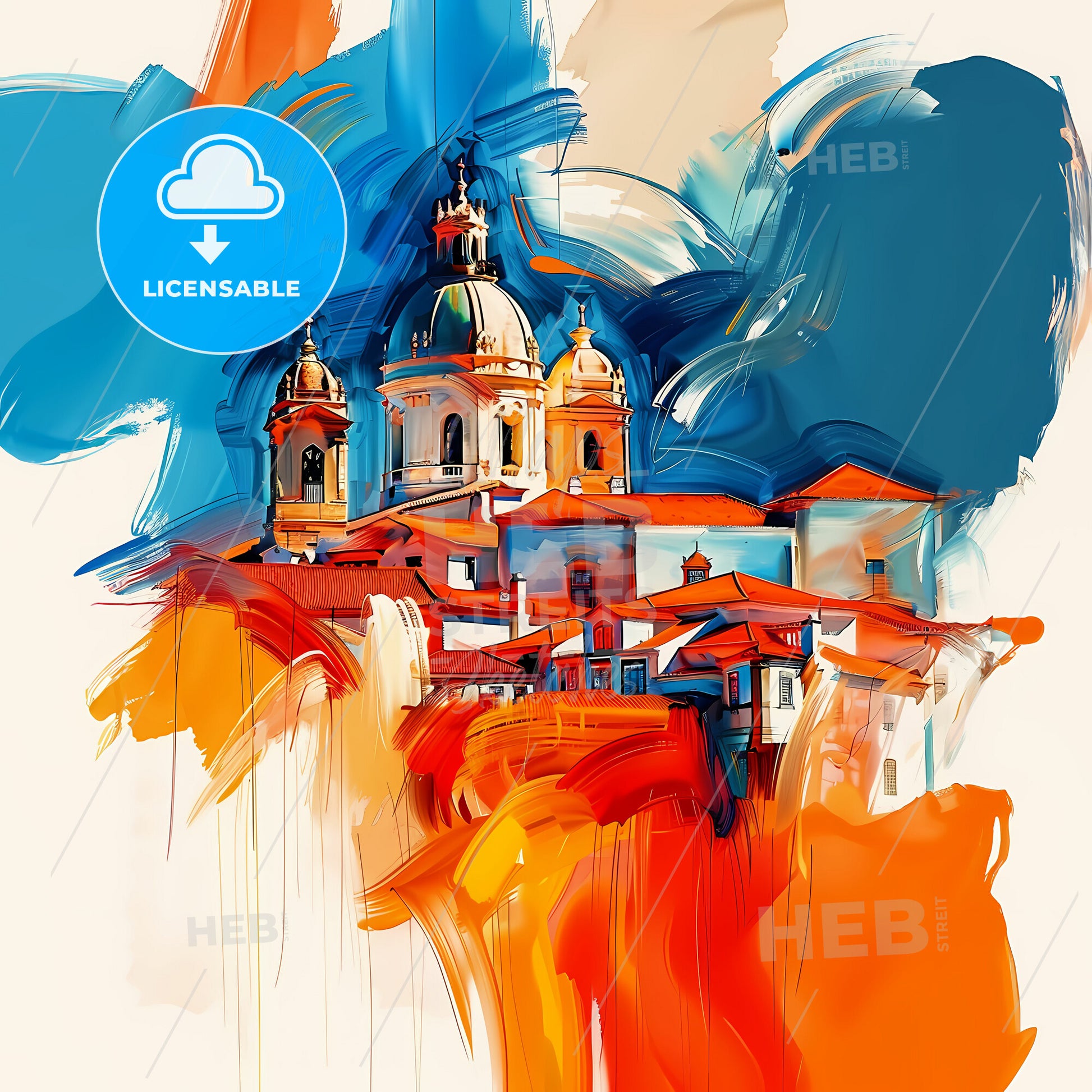 Vibrant Setúbal, Portugal - A Painting Of A Building With A Dome And Domes