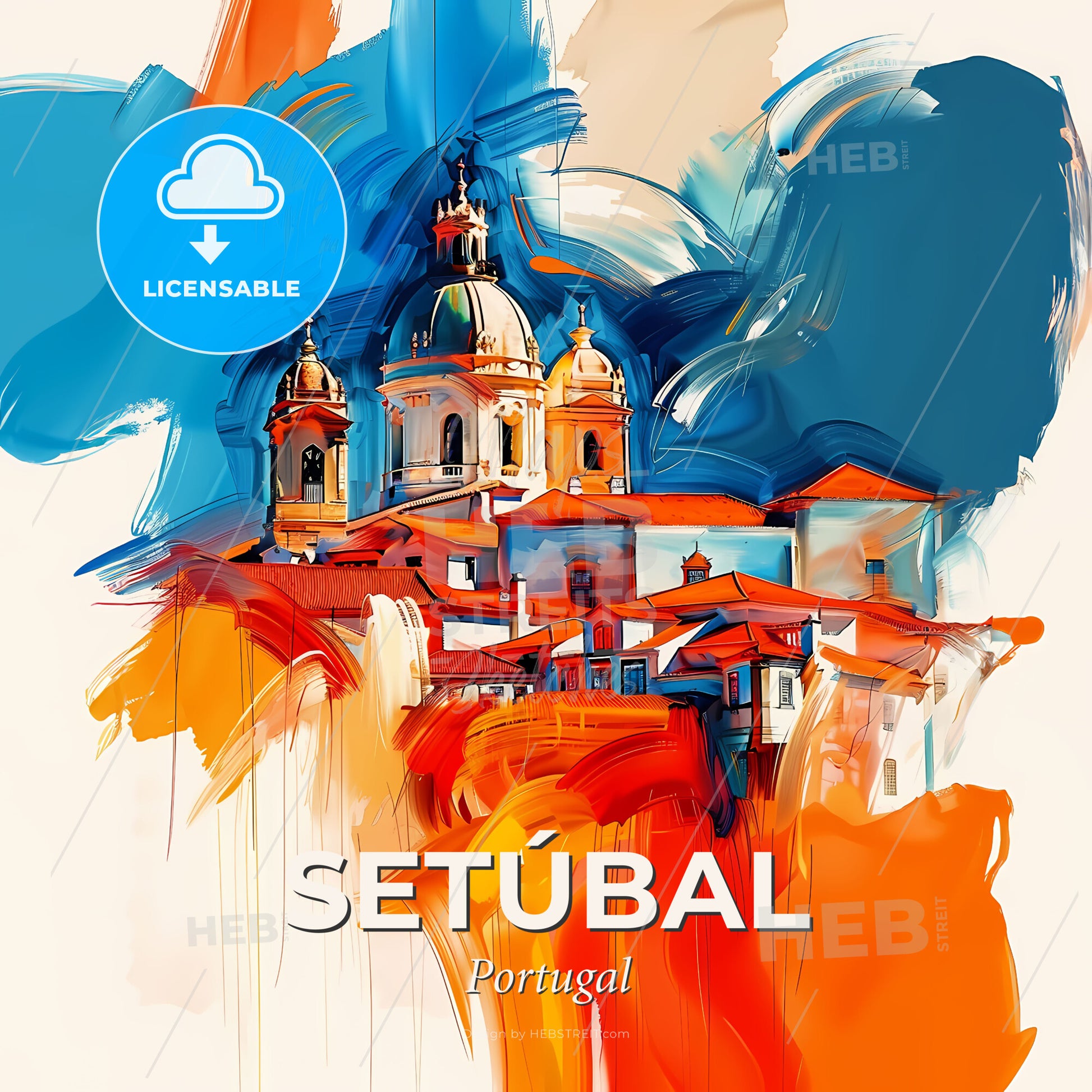 Vibrant Setúbal, Portugal - A Painting Of A Building With A Dome And Domes - Square format print template