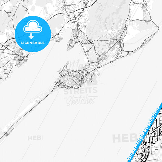 Sète, France light map with streetnames, citynames and districts