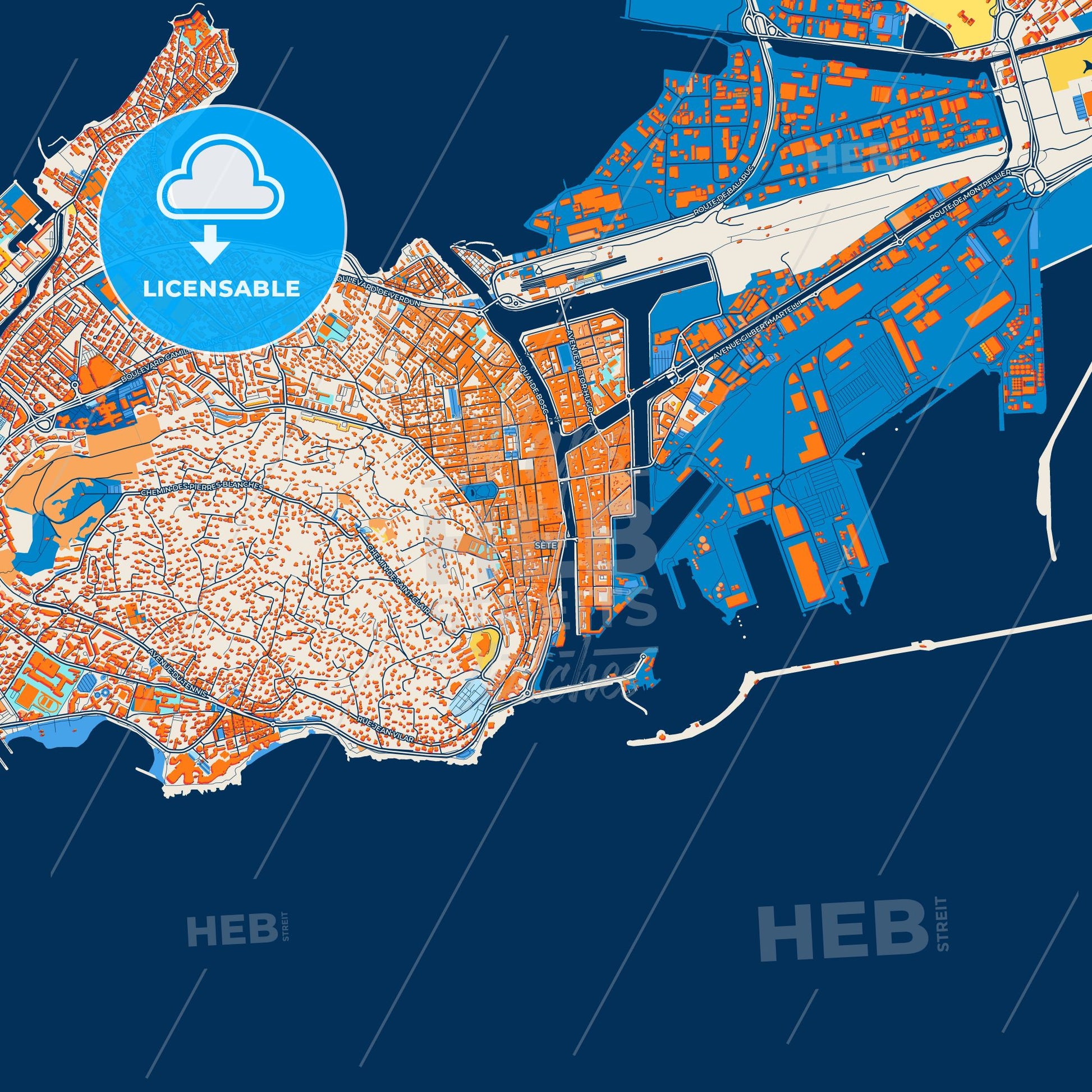 Colorful Sète Street Map with Labels and Buildings