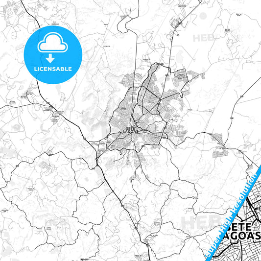 Sete Lagoas, Brazil light map with streetnames, citynames and districts