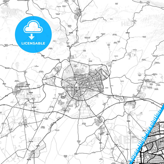 Setif, Algeria light map with streetnames, citynames and districts