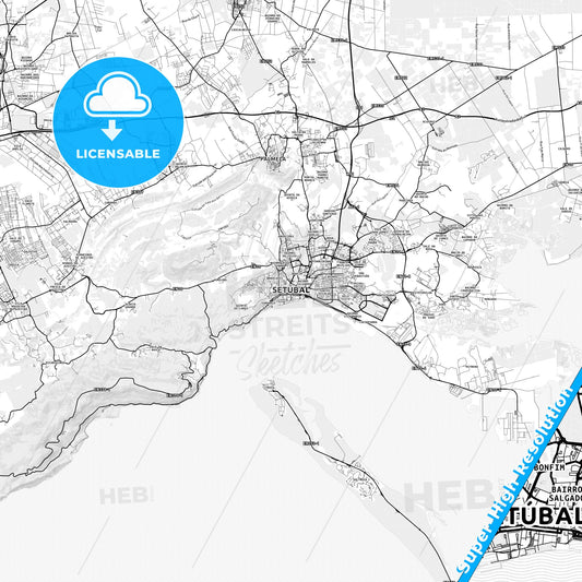 Setúbal, Portugal light map with streetnames, citynames and districts