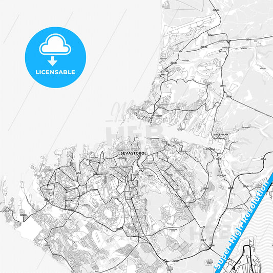 Sevastopol, Ukraine light map with streetnames, citynames and districts