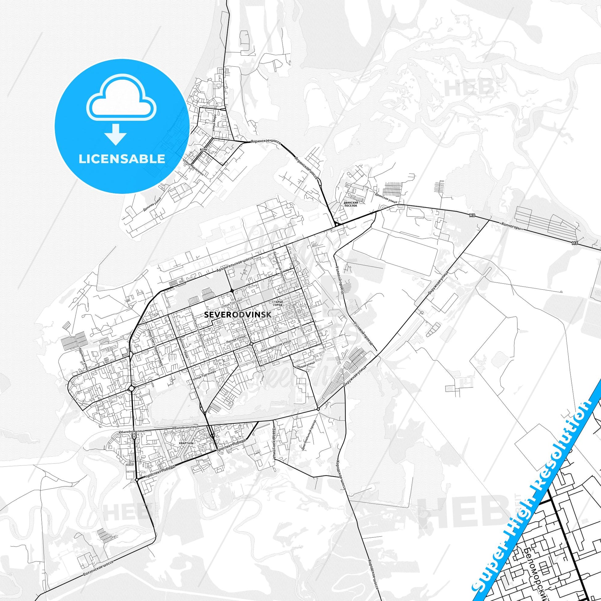 Severodvinsk, Russia light map with streetnames, citynames and districts