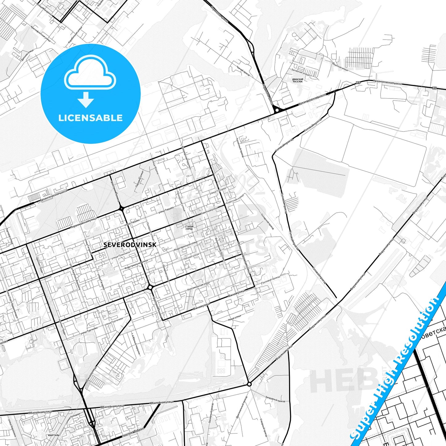 Severodvinsk, Russia Light Map with Street Names, City Names, and Districts