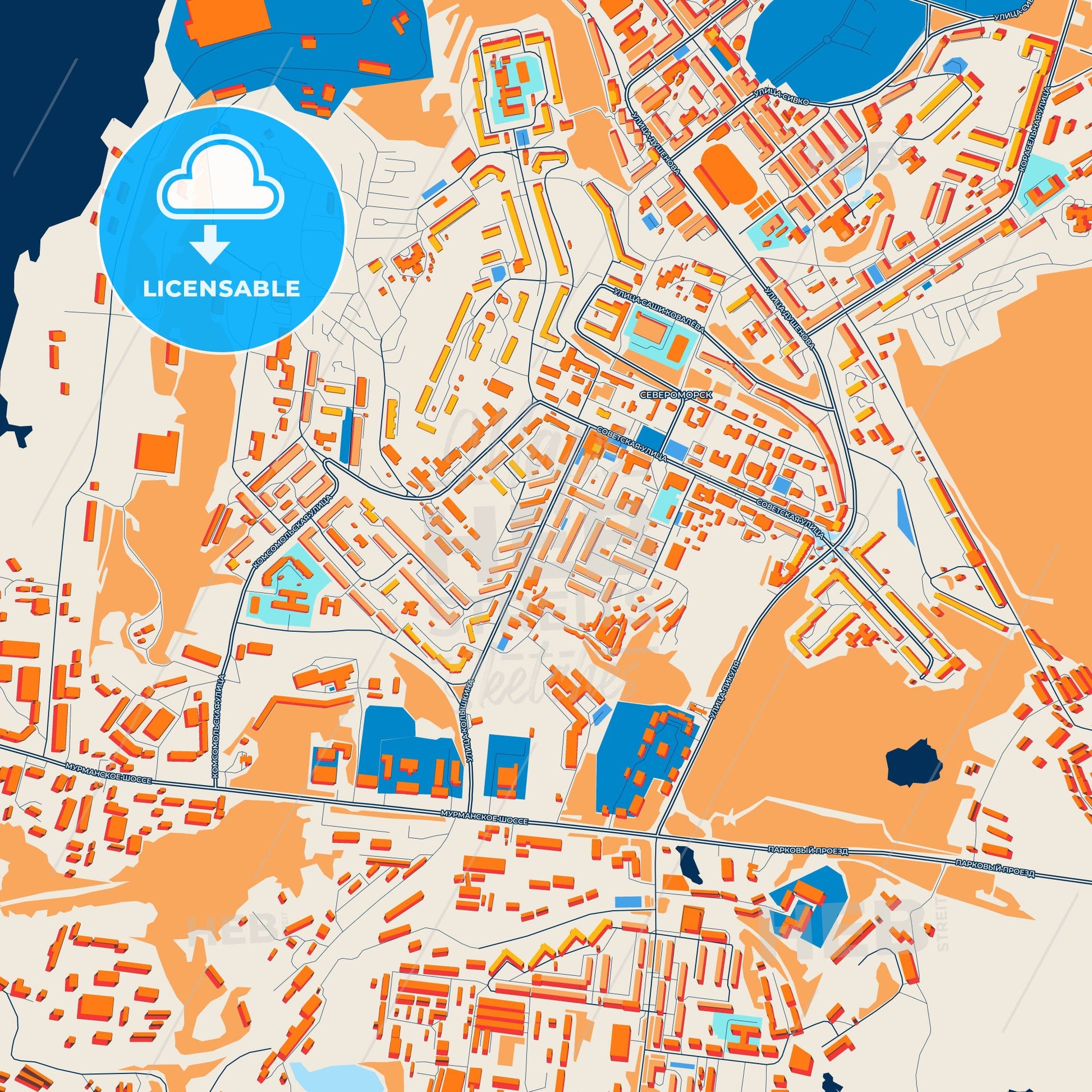 Colorful Severomorsk Street Map with Labels and Buildings