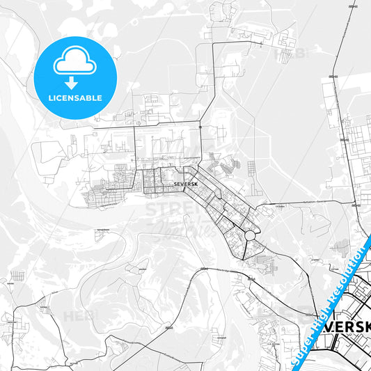 Seversk, Russia light map with streetnames, citynames and districts