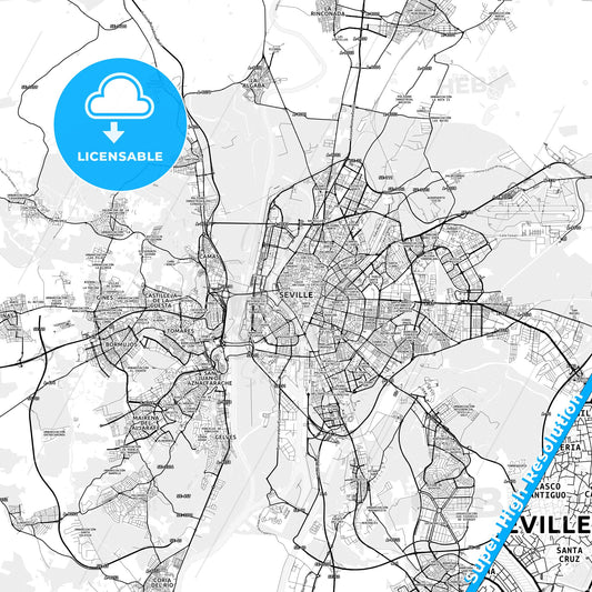 Sevilla, Spain light map with streetnames, citynames and districts