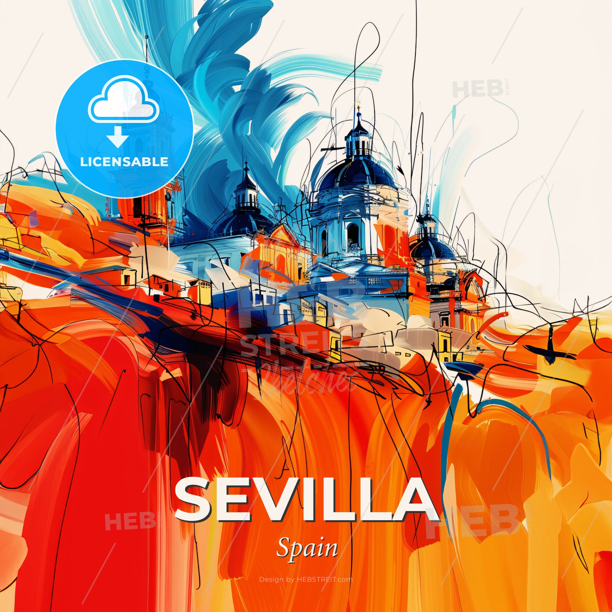 Vibrant Sevilla, Spain - A Painting Of A Building With Towers - Square format print template