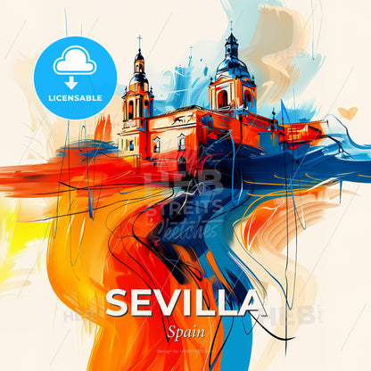 Vibrant Sevilla, Spain - A Painting Of A Building With Towers And A Colorful Background - Square format print template