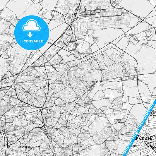 Sevran, France light map with streetnames, citynames and districts