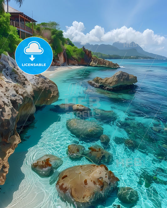 Vibrant Painting of Seychelles Tropical Waterscape with Rocks and Building