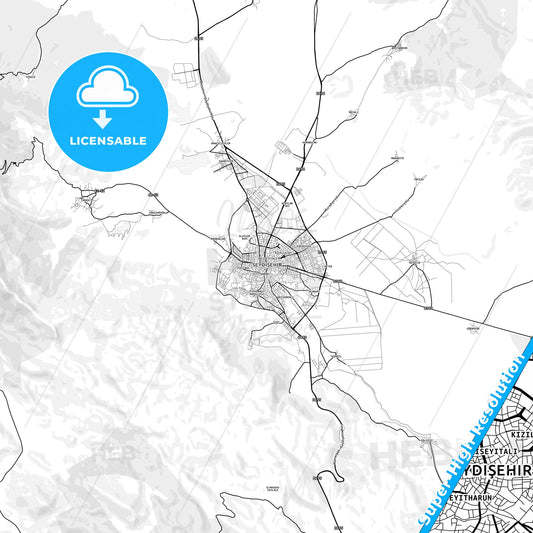 Seydişehir, Turkey light map with streetnames, citynames and districts