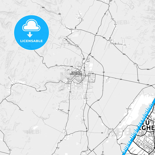 Sfântu Gheorghe, Romania light map with streetnames, citynames and districts