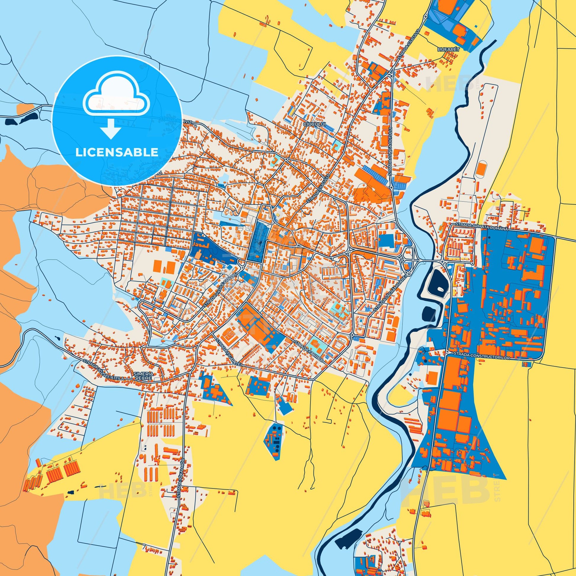 Colorful Sfântu Gheorghe Street Map with Labels and Buildings