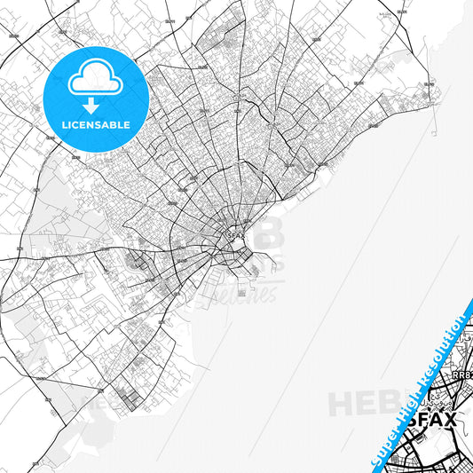 Sfax, Tunisia light map with streetnames, citynames and districts