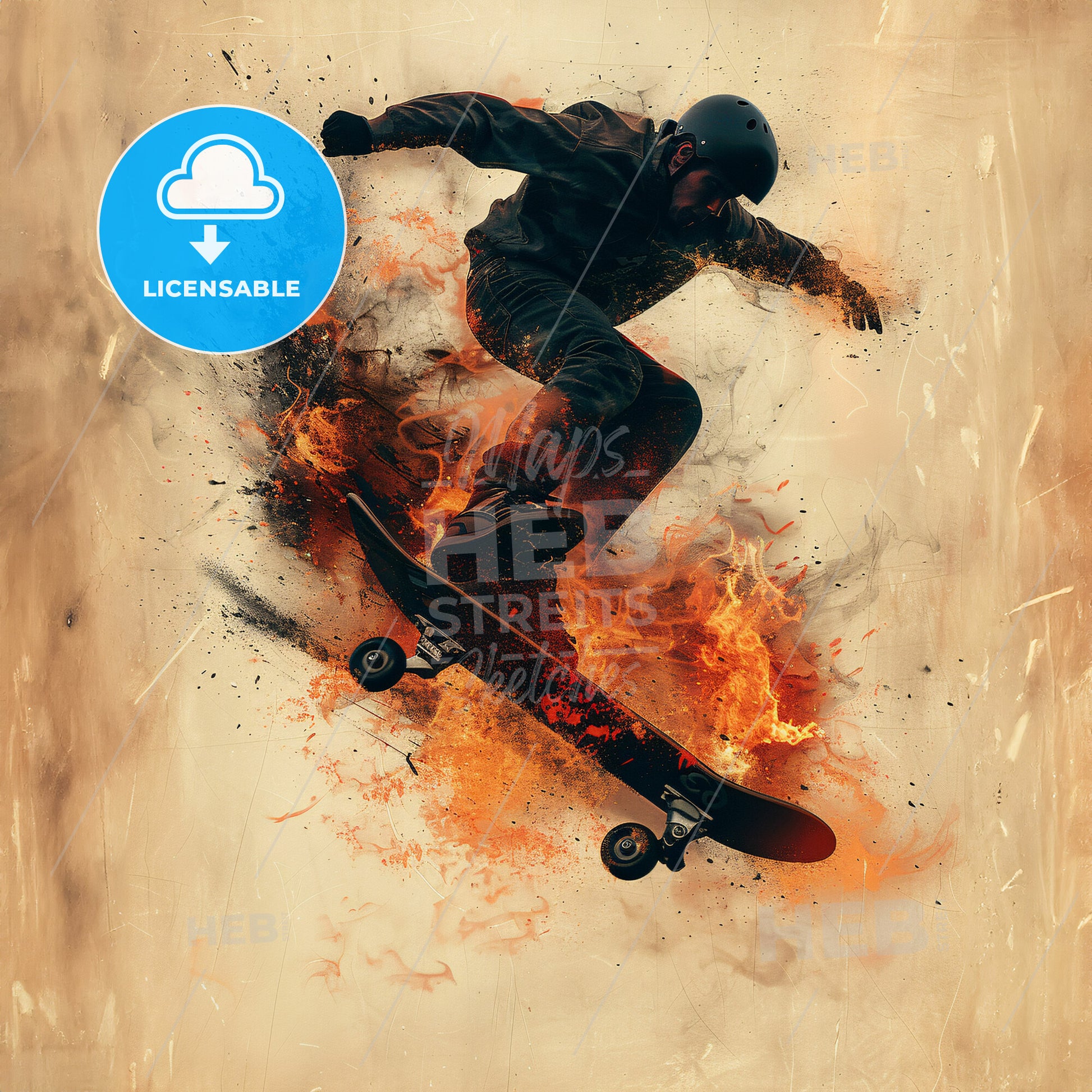 Shadow Skate: The Art of Movement - A man on a skateboard in flames