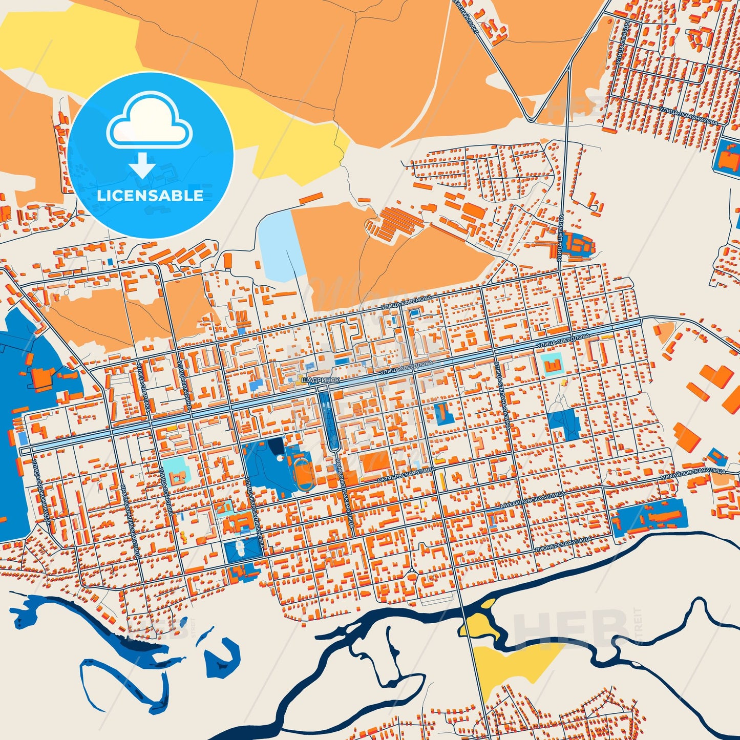 Colorful Shadrinsk Street Map with Labels and Buildings