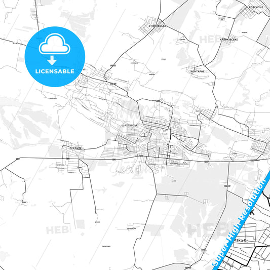 Shakhtarsk, Ukraine light map with streetnames, citynames and districts