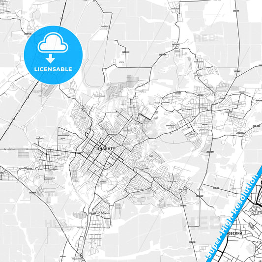 Shakhty, Russia light map with streetnames, citynames and districts