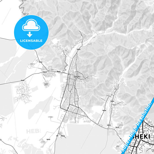 Shaki, Azerbaijan light map with streetnames, citynames and districts