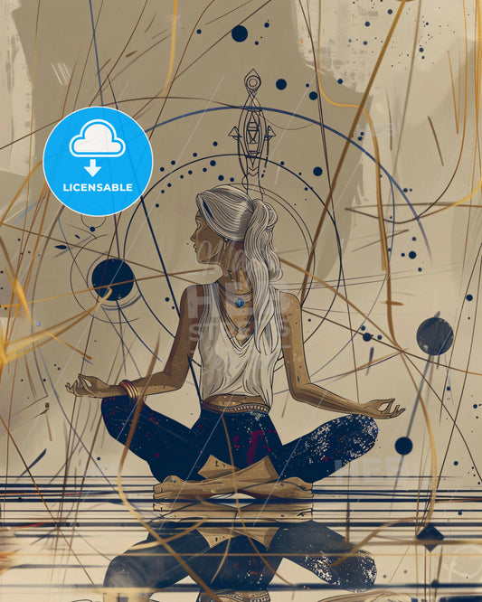 Mystical Lines: Chakra Alignment on Beige - A woman sitting in a lotus position