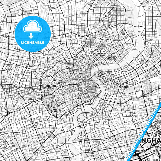 Shanghai, China light map with streetnames, citynames and districts