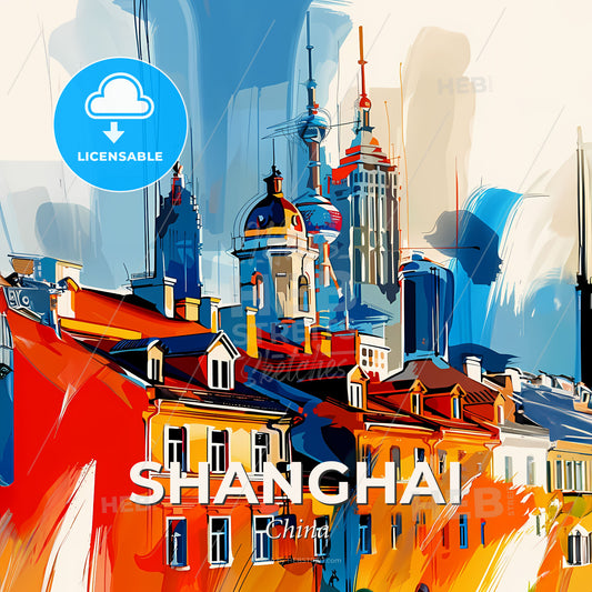 Vibrant Shanghai, China - A Colorful Cityscape With Buildings And Towers - Square format print template