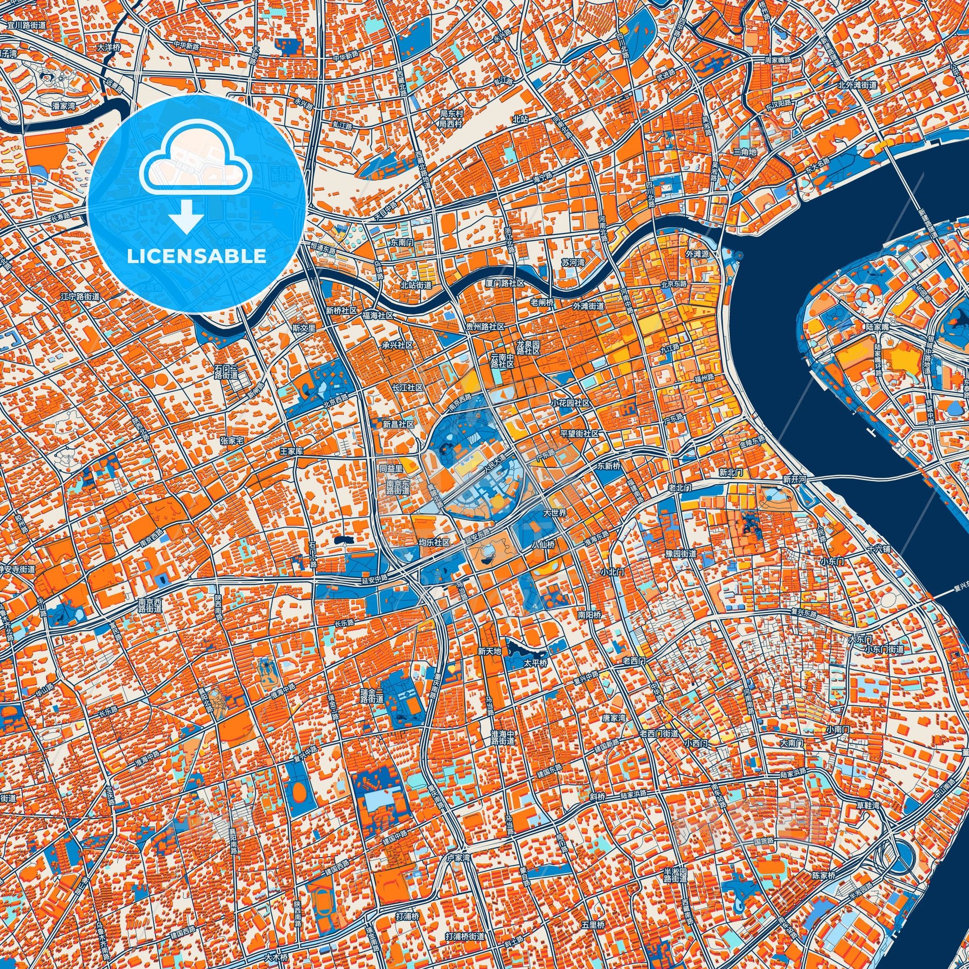 Colorful Shanghai Street Map with Labels and Buildings