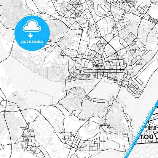 Shantou, China light map with streetnames, citynames and districts