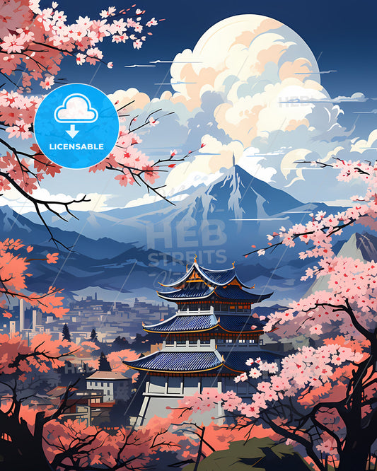 Vibrant Artistic Skyline Painting of Shantou China with Pagoda and Cherry Blossoms Against Mountain Landscape