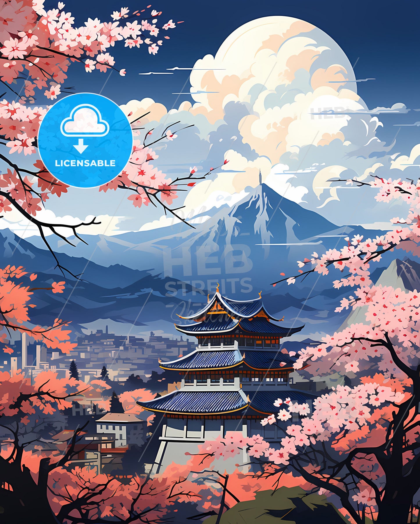 Vibrant Artistic Skyline Painting of Shantou China with Pagoda and Cherry Blossoms Against Mountain Landscape