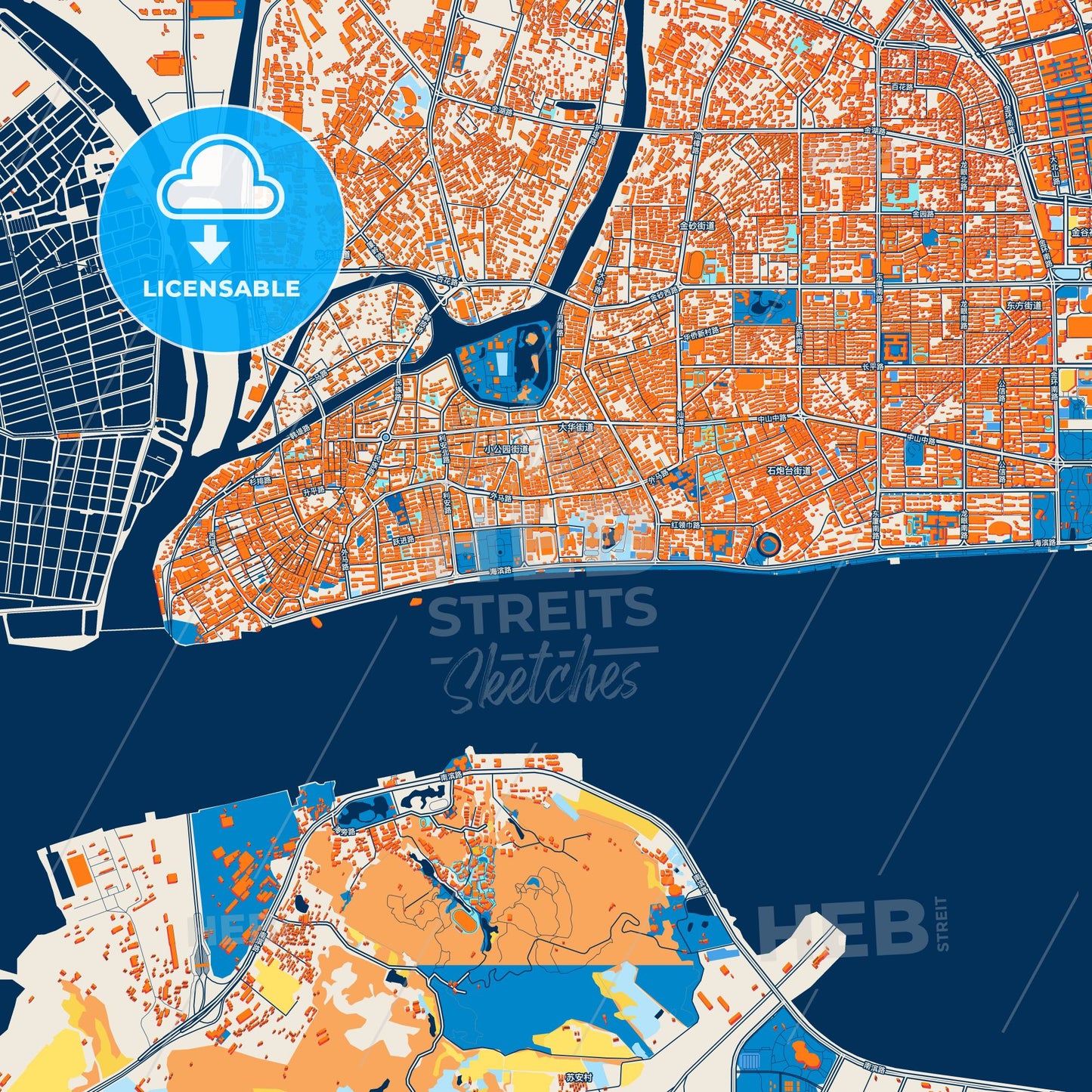Colorful Shantou Street Map with Labels and Buildings