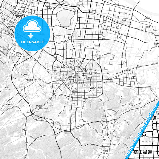 Shaoxing, China light map with streetnames, citynames and districts